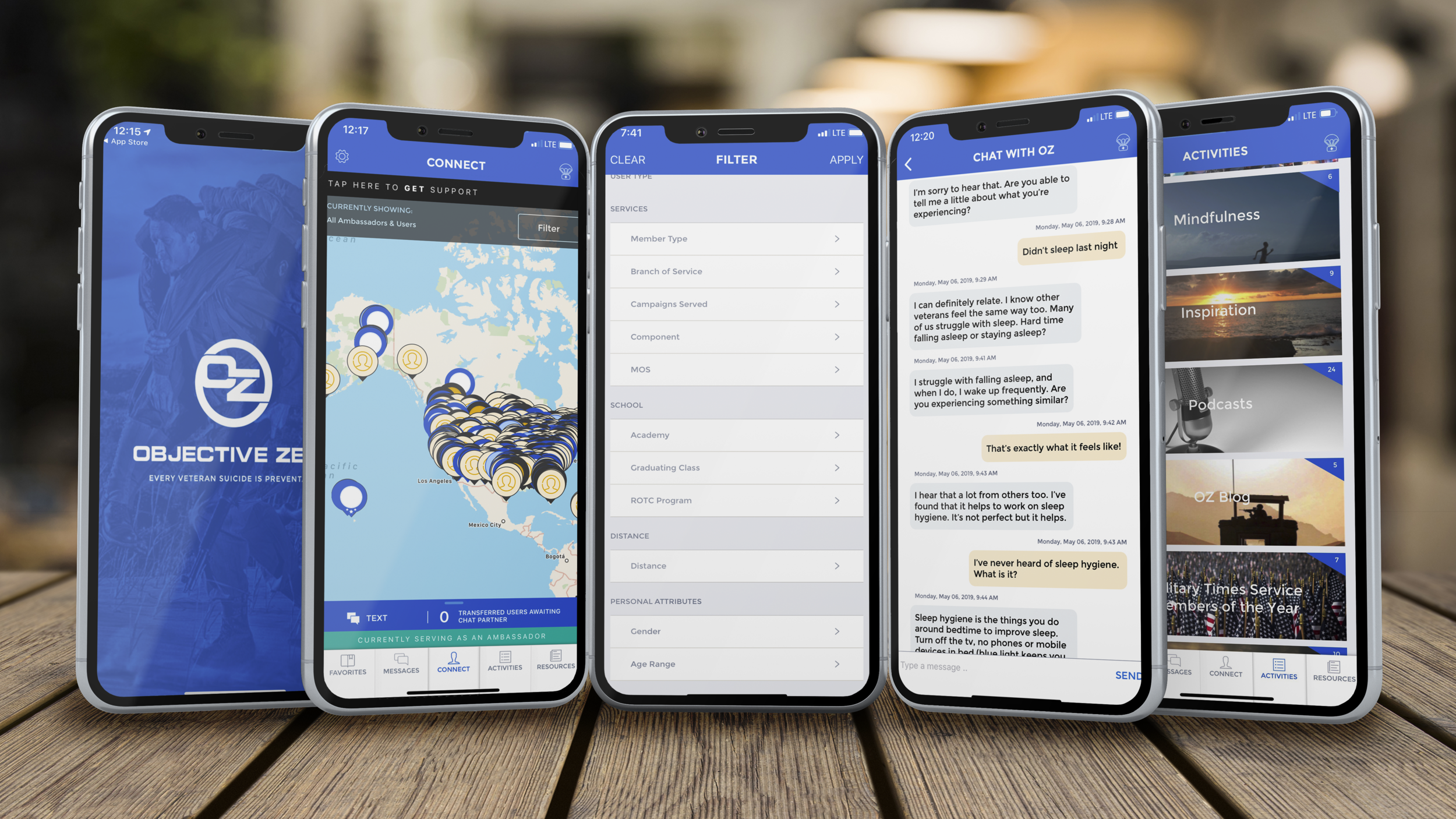 Screenshots of the Objective Zero mobile app