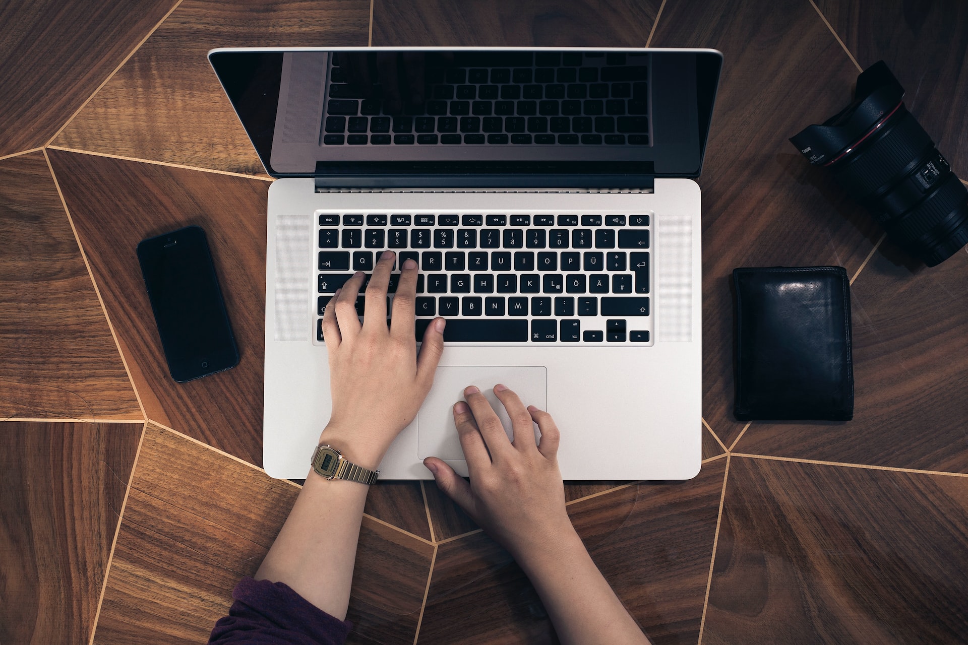 Overhead shot of a person working on a laptop