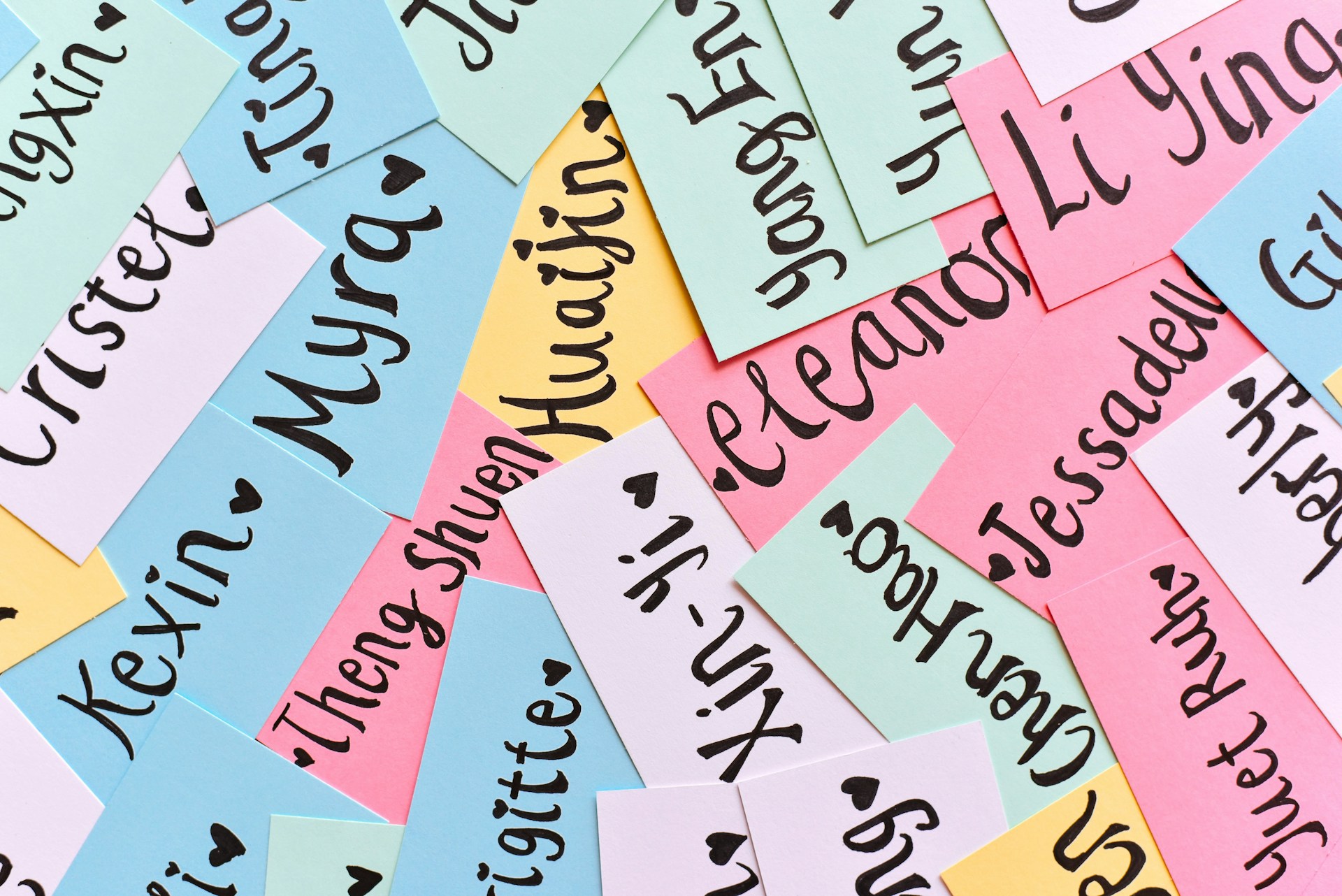A spread of paper cards with various names written on them.