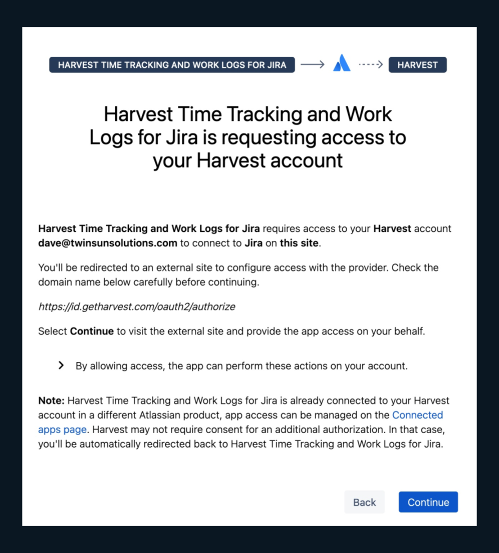 Screenshot showing the app authorizing with Harvest