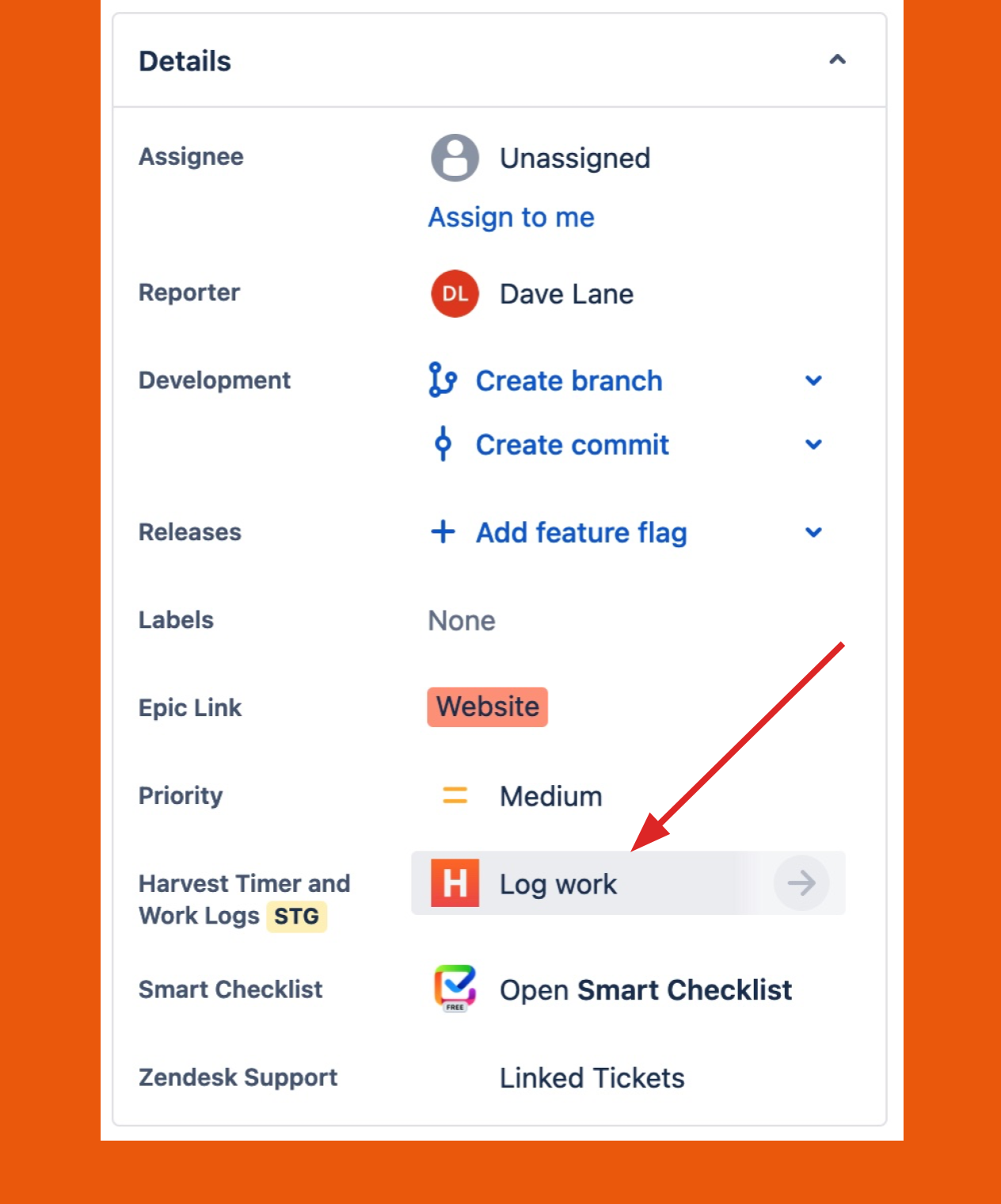 Screenshot showing the Harvest Timer and Work Logs app in a Jira issue details panel