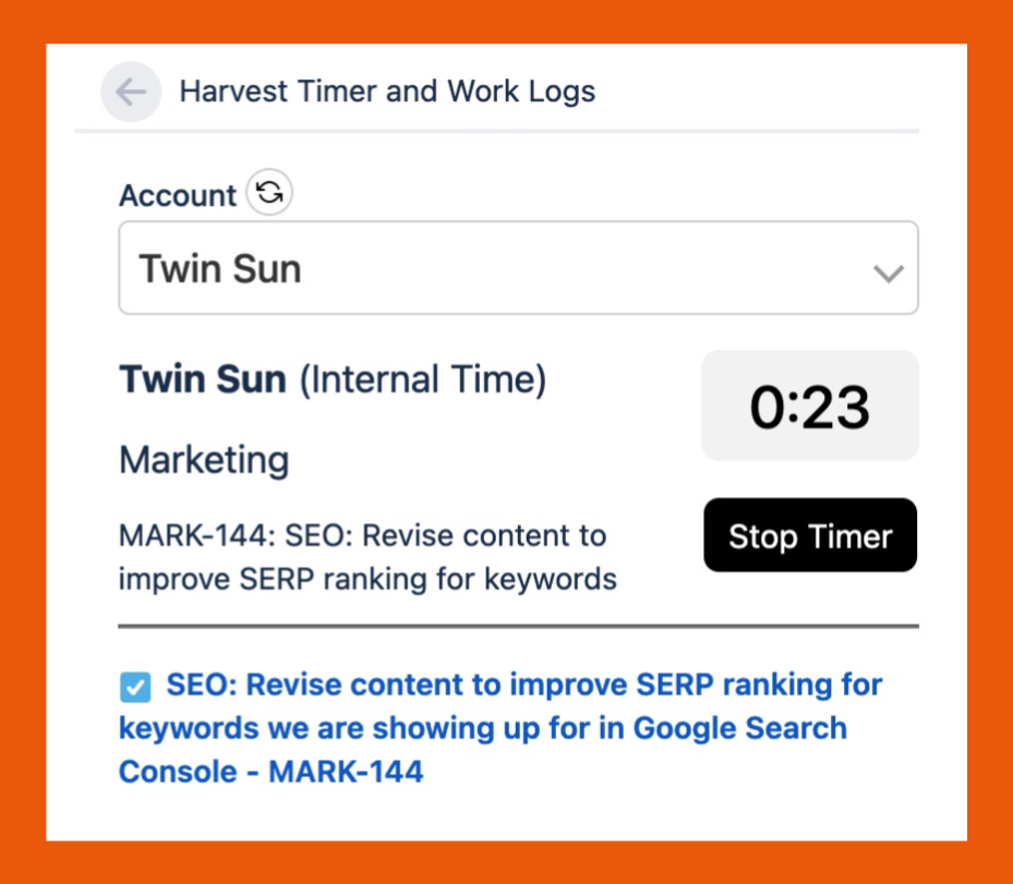 Screenshot showing the main Harvest Timer and Work Logs screen with a running timer and a Stop Timer button